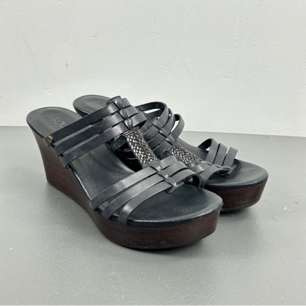 UGG Black Leather Wedges with Dark Brown Platform Heel Base